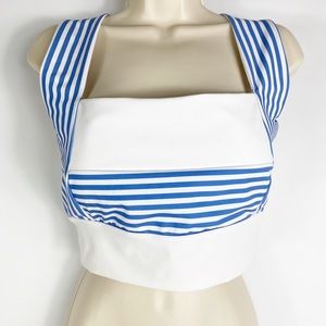 Enavant Blue & White Stripe Wide Strap Square Neck Bikini Swim Top Women Sz L